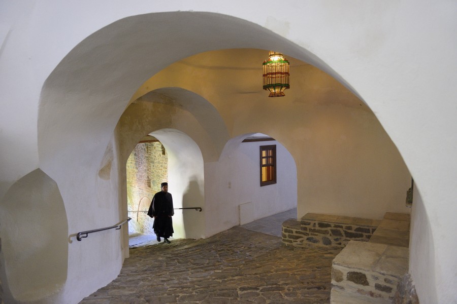 Greece, Chalkidiki, Mount Athos peninsula, listed as World Heritage, Simonos Petra monastery, Mediaeval vaulted passageway